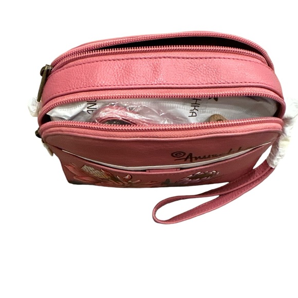 New Anuschka Hand-Painted Leather Crossbody Bag/Wristlet-Hawaiian Floral - Picture 3 of 7